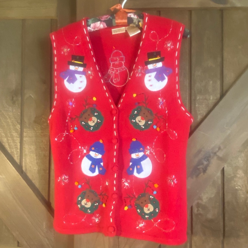 Bobbie Brooks Christmas Sweater Vest Women Large Red Embroidery Snowman Reindeer